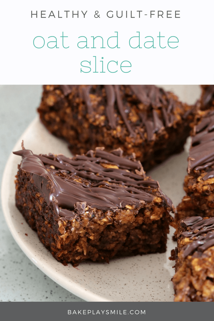 Squares of a slice made with dates and oats and drizzled with dark chocolate on a white plate