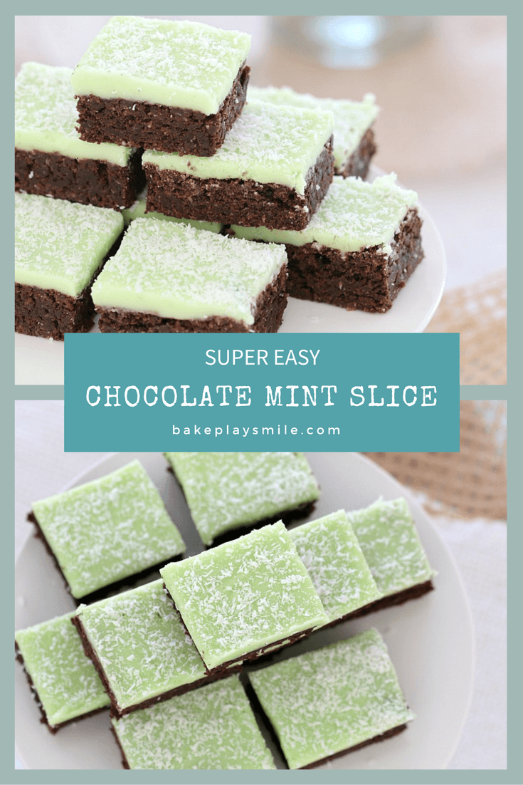 Pieces of a chocolate slice with mint icing stacked on serving plates