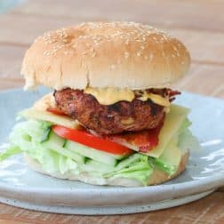 Grilled Beef & Bacon Burgers are perfect for a summer BBQ - they're super easy which leaves more time for relaxing and enjoying the sun!
