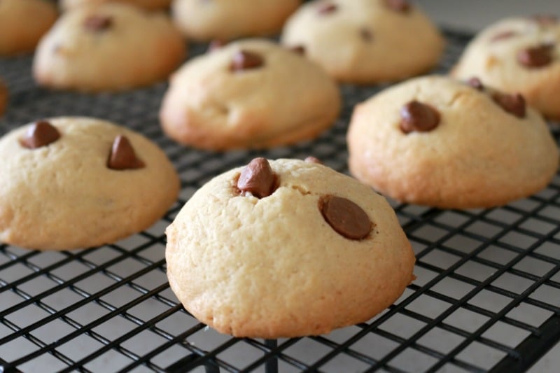 Rounded chocolate chip cookies cooling on a wire rack