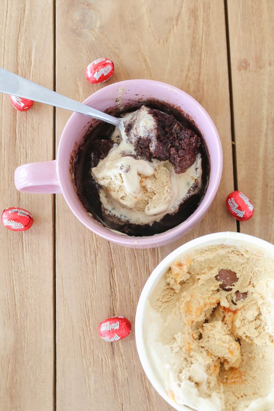 A chocolate mug cake with Malteser Easter eggs around it and a tub of ice-cream. 
