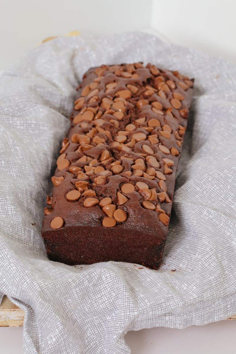 A chocolate loaf topped with milk chocolate bits on a white and grey tea towel