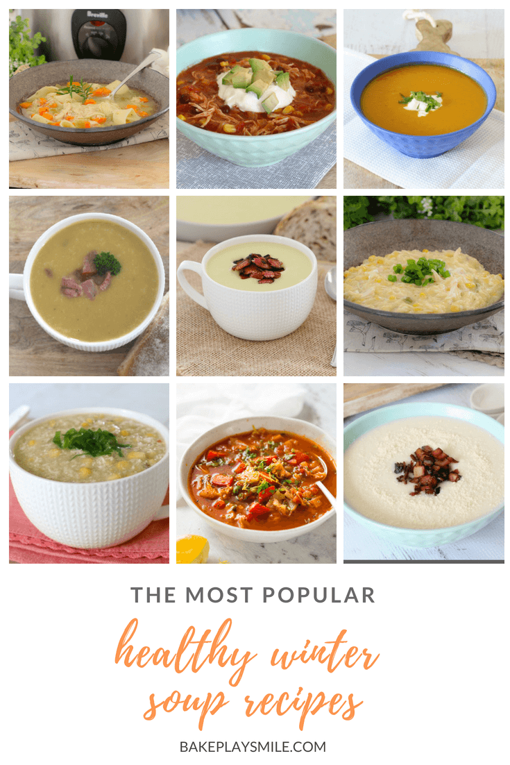 A collage of images of healthy soups in bowls. 