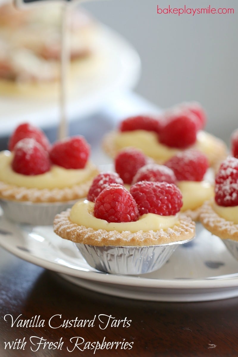 A plateful of mini custard tarts with fresh raspberries on top
