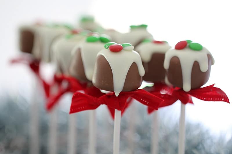 Chocolate coated marshmallows on a stick, drizzled with white chocolate and decorated with red & green M&M\'s to look like Christmas puddings.