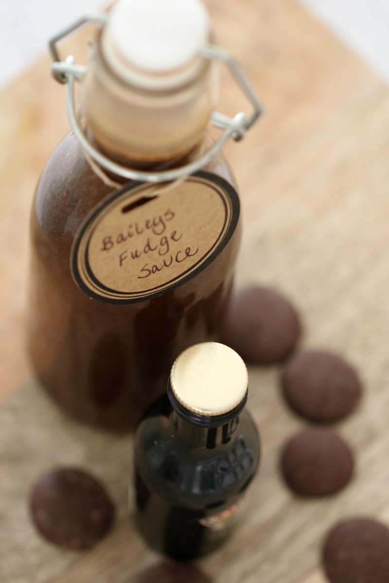 A bottle of Baileys sauce with a handwritten label