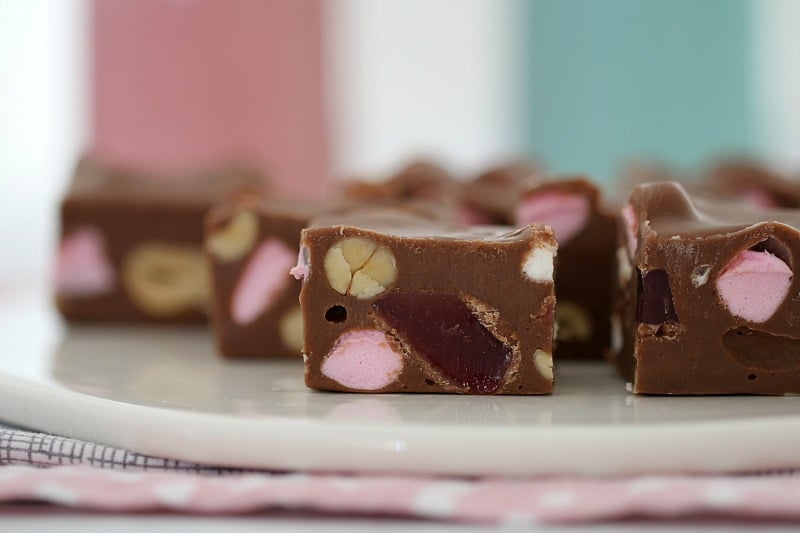 Turkish Delight, marshmallows and nuts showing in a close up of a square of Rocky Road Fudge