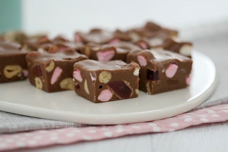 Pink marshmallows, Turkish Delight and nuts in squares of Rocky Road Fudge