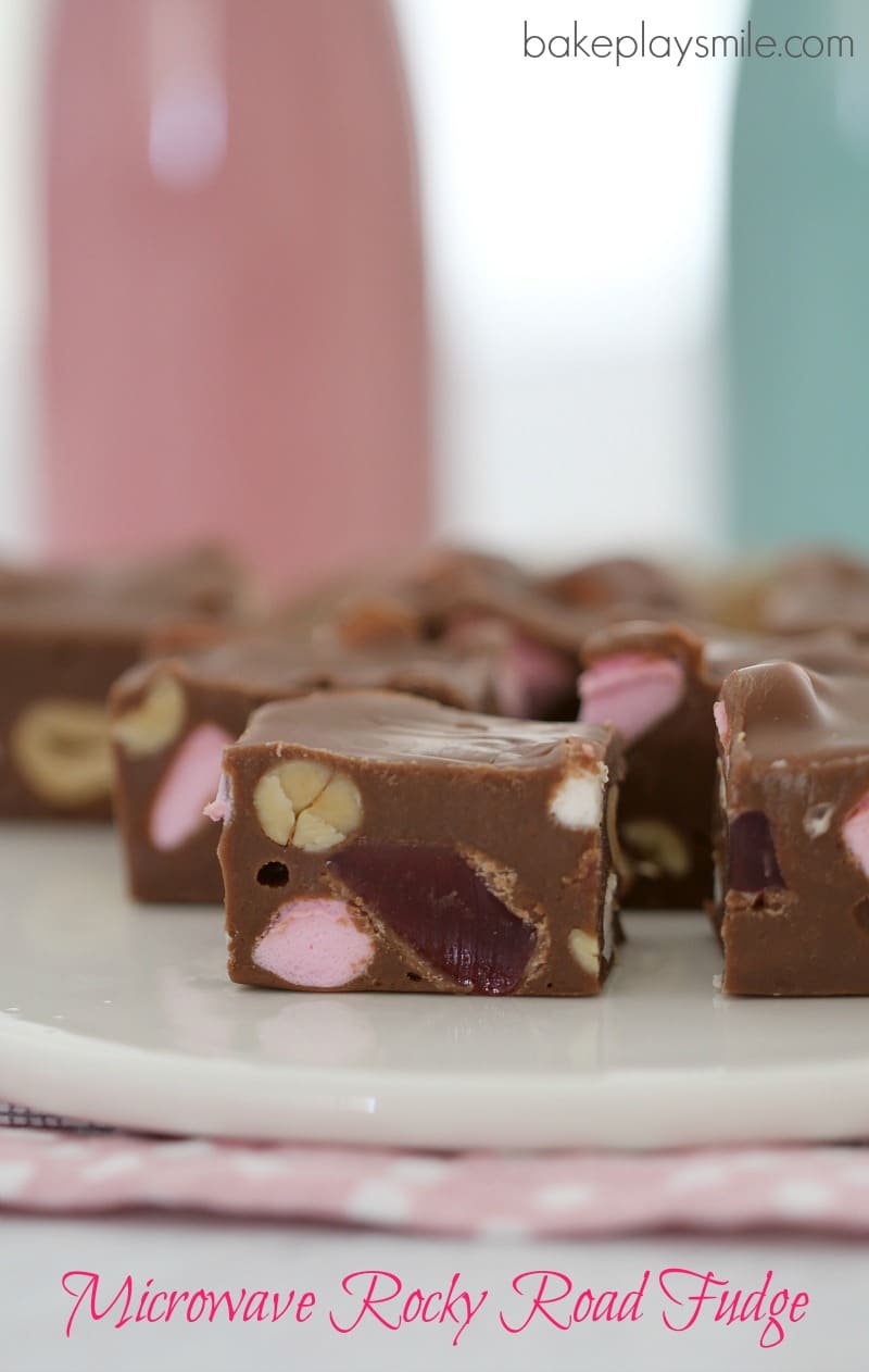Squares of Rocky Road Fudge with pieces of marshmallow, peanuts and Turkish Delight inside