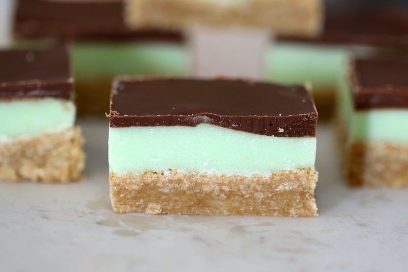 A side view of a piece of slice showing the crumb base, a pale green mint flavoured layer, and then a chocolate layer on top