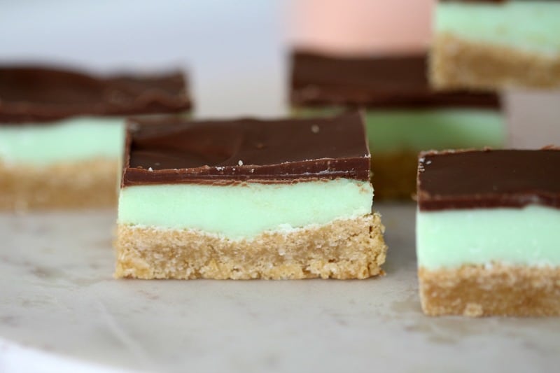 A close up side view of layered peppermint slice pieces