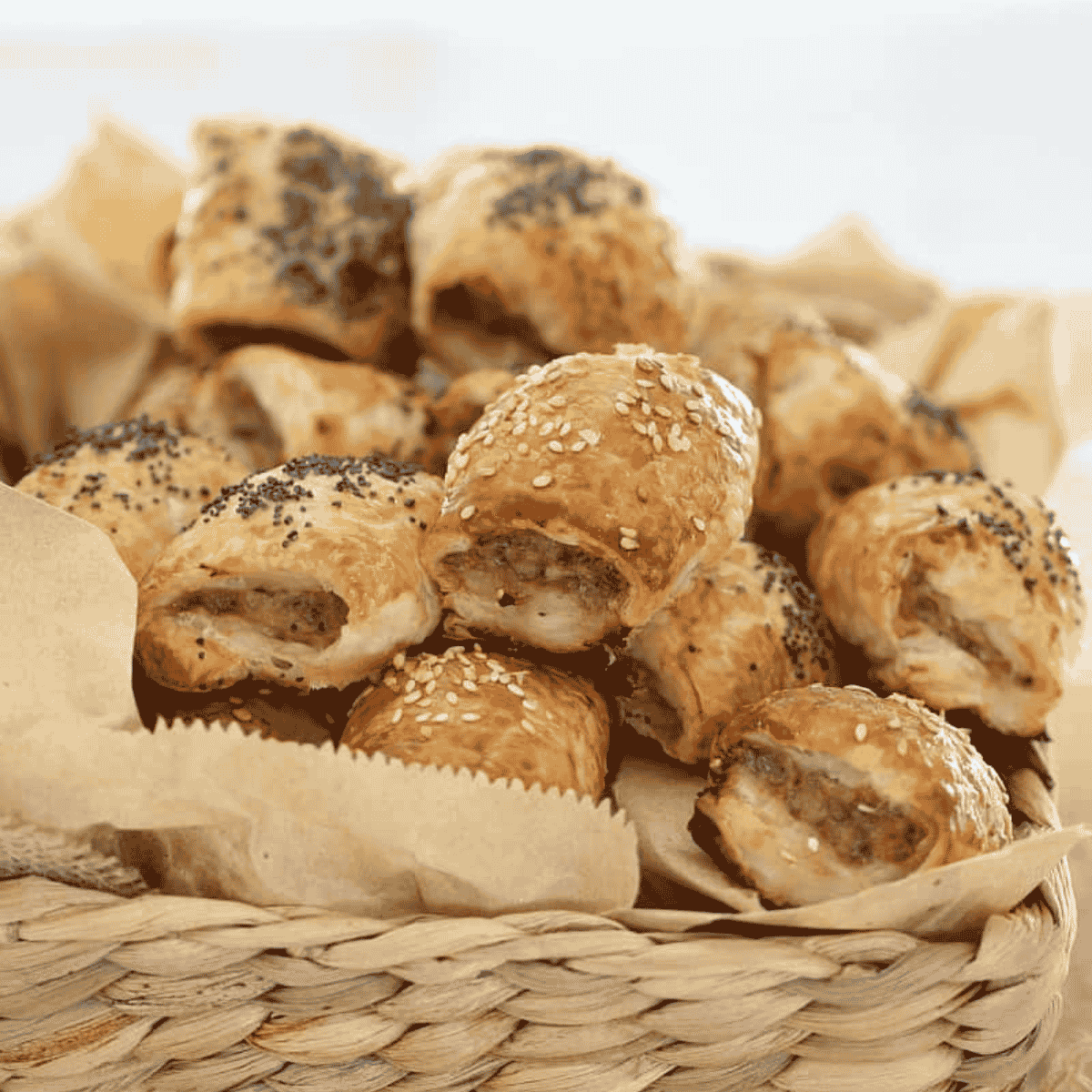 A basket full of sausage rolls with puff pastry.