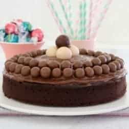 A round chocolate cake covered in chocolate ganache and decorated with Maltesers and Lindt balls