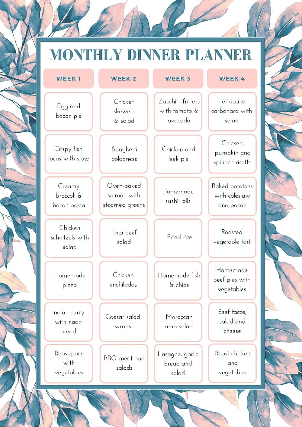 A four week Dinner Planning Template with each day filled out