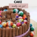 Chocolate fingers circling a chocolate mud cake decorated with frosting and Easter bunnies and eggs.