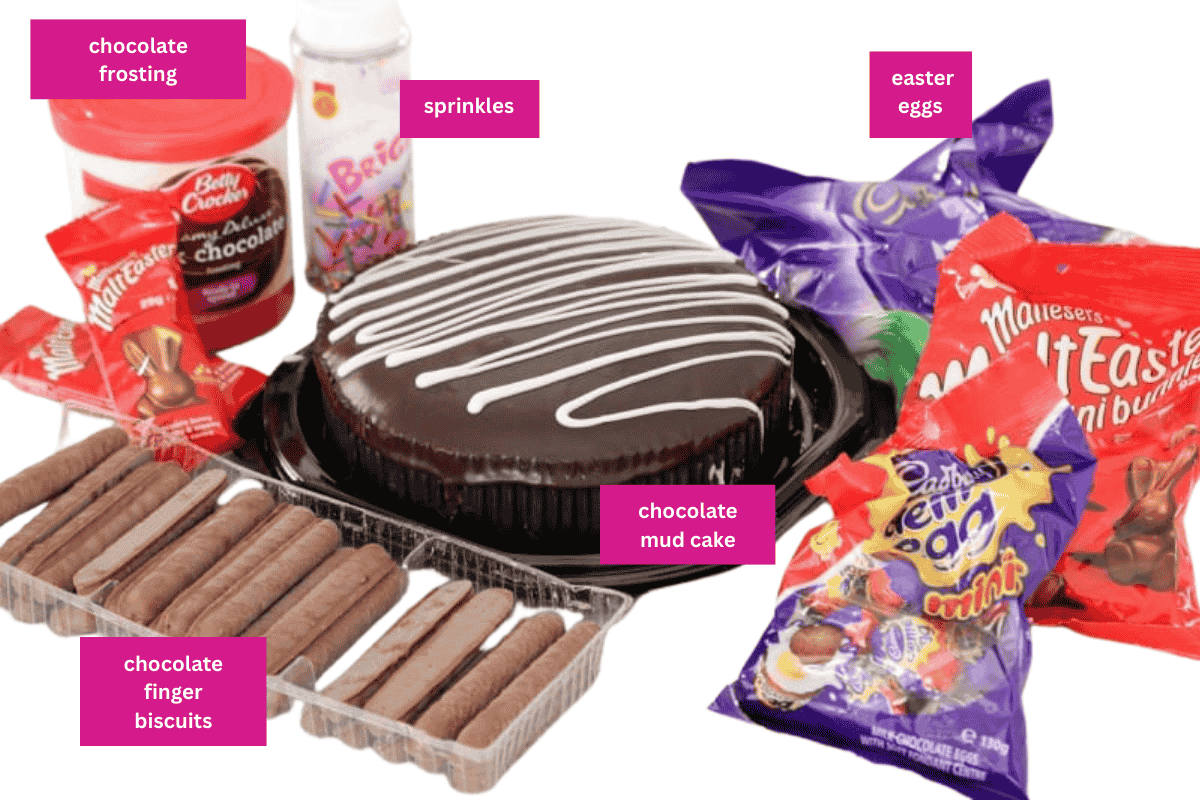 The ingredients for an Easter cake using a store-bought mud cake.