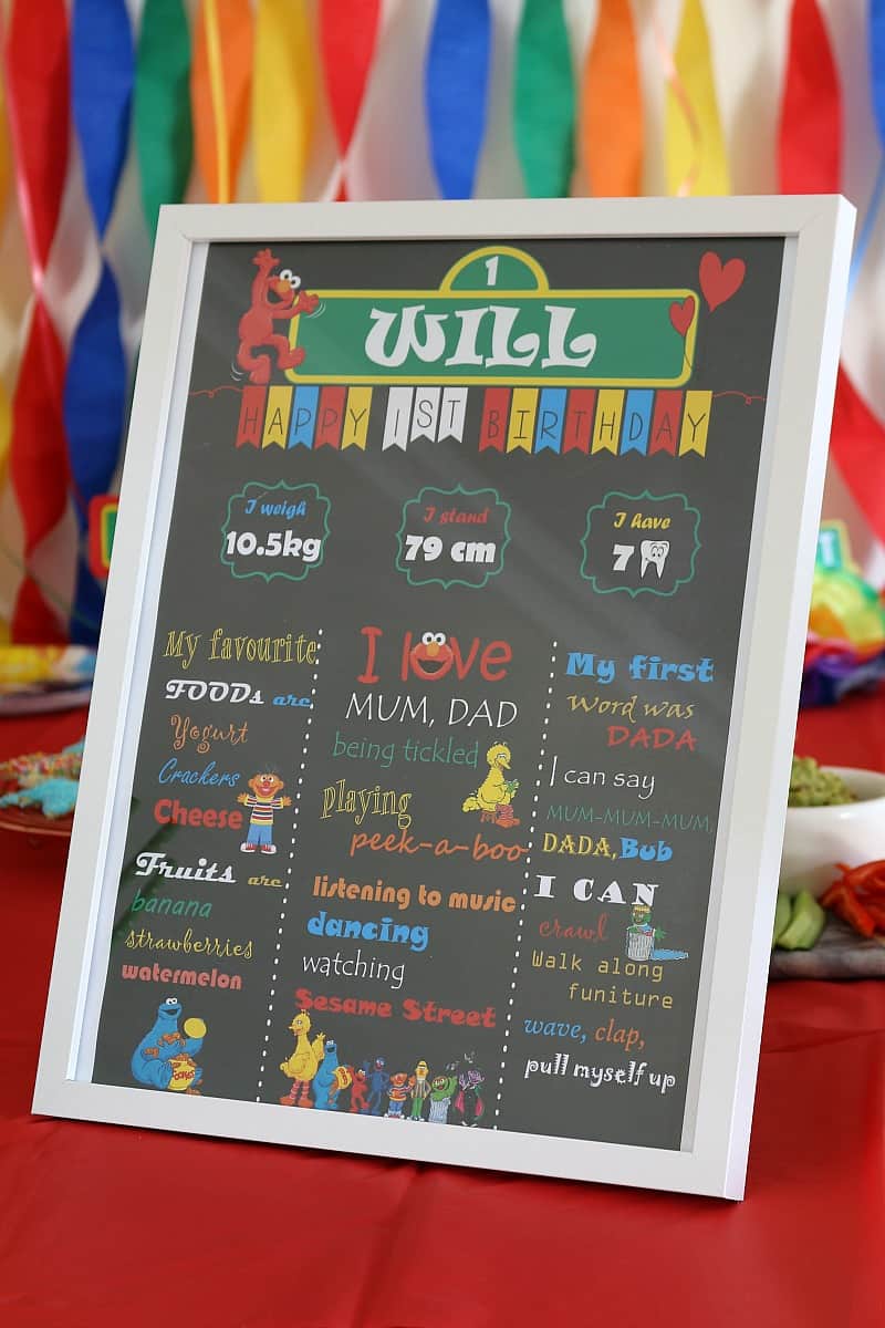 A framed poster with Sesame Street characters and writing on it.