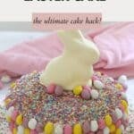A pretty Easter cake decorated with colourful sprinkles, speckled mini Easter eggs and a white chocolate bunny.