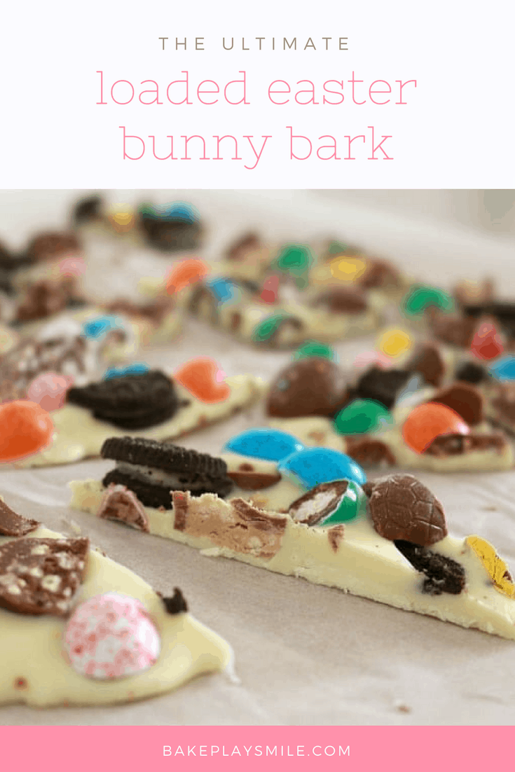Wedges of white chocolate bark decorated with broken Oreo biscuits, M&M\'s and Maltesers