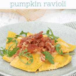 Homemade Roasted Pumpkin Ravioli with Creamy Sun-Dried Tomato Sauce & Crispy Prosciutto image