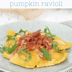 Homemade Roasted Pumpkin Ravioli with Creamy Sun-Dried Tomato Sauce & Crispy Prosciutto image