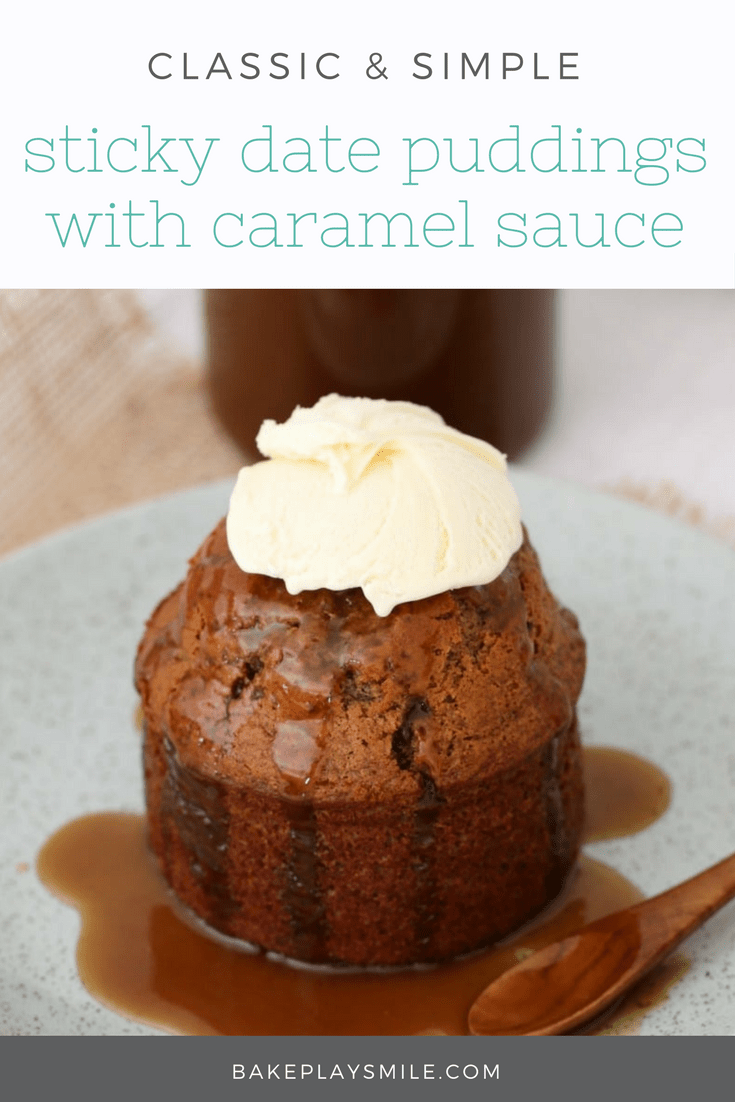 Whipped cream on top of an individual sticky date pudding with caramel sauce