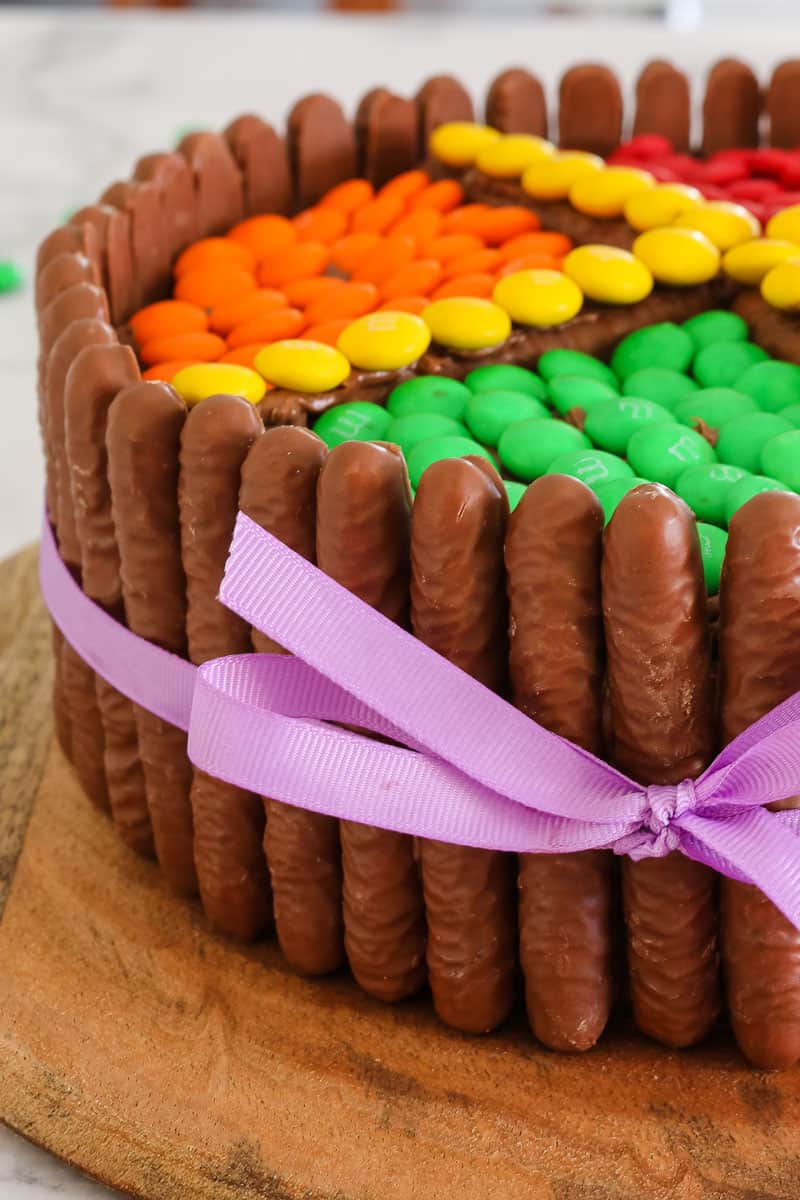 A side view of a cake with chocolate log biscuits standing upright around the cake, and coloured M&M\'s on top