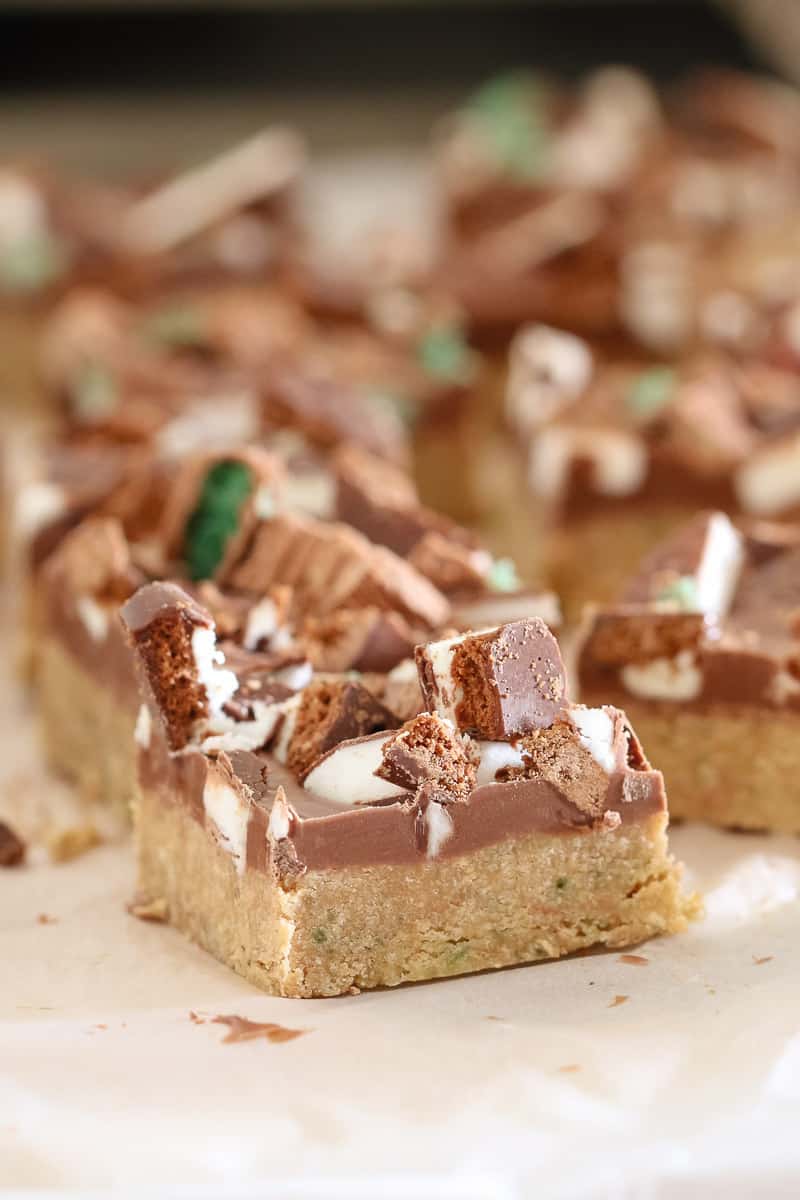 A close up of squares of slice with a biscuit base, a layer of chocolate, and chopped peppermint chocolates to decorate