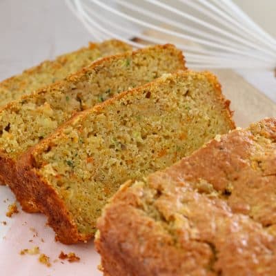 A simple (and nut-free) Apple, Zucchini & Carrot Bread that is moist and delicious. Perfect for lunch boxes or an afternoon tea treat!