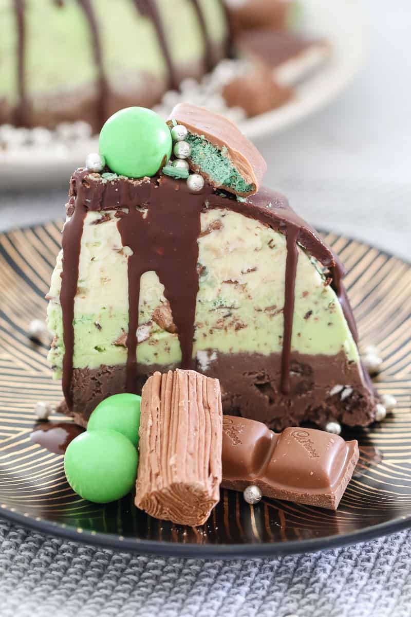 A slice of 3 layer ice-cream cake with peppermint crisp bars, flake bars, mint balls and squares of chocolate to decorate. 
