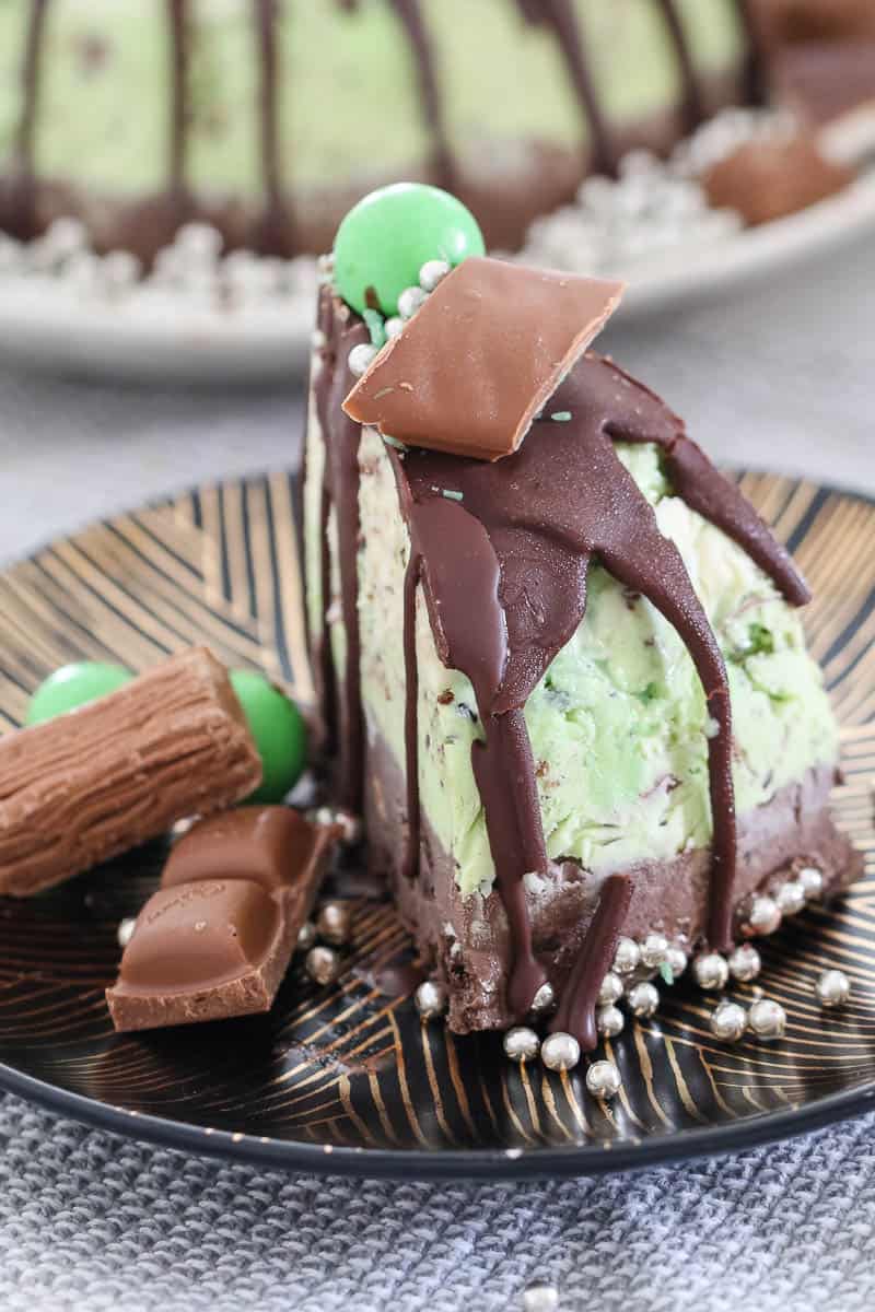 Ice Magic poured over a slice of peppermint ice cream cake.