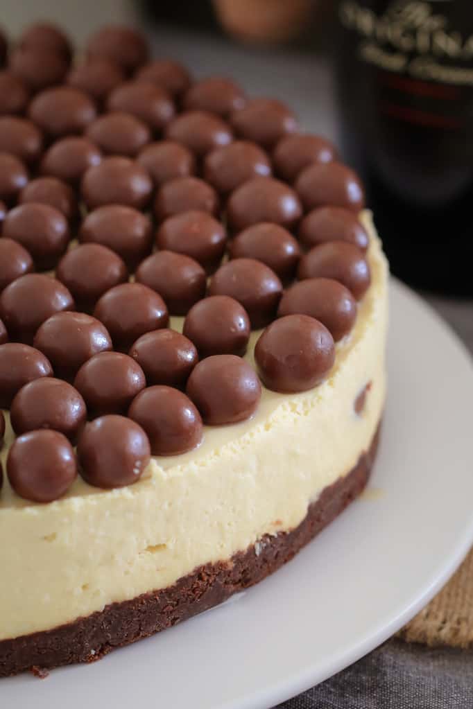 A close up of a white cheesecake with chocolate base, topped with Malteser balls