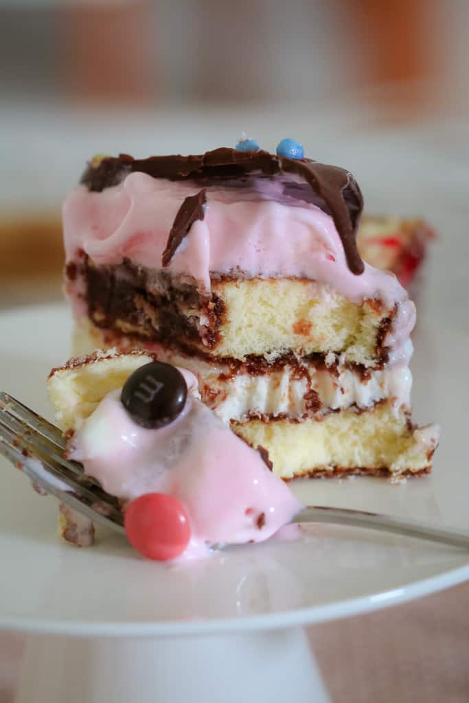 A cut piece and a forkful of lamington ice cream cake decorated with M&M\'s on top