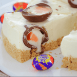 A white chocolate no-bake cheesecake with Cadbury creme eggs.