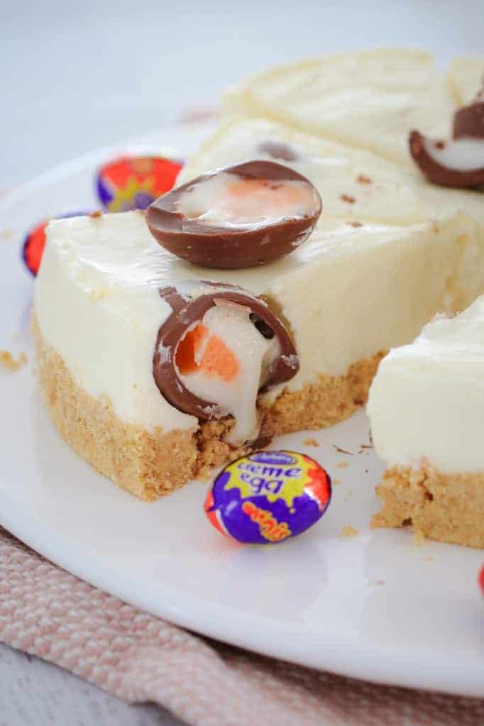 Cadbury Creme Eggs on top and inside a cheesecake dessert. 