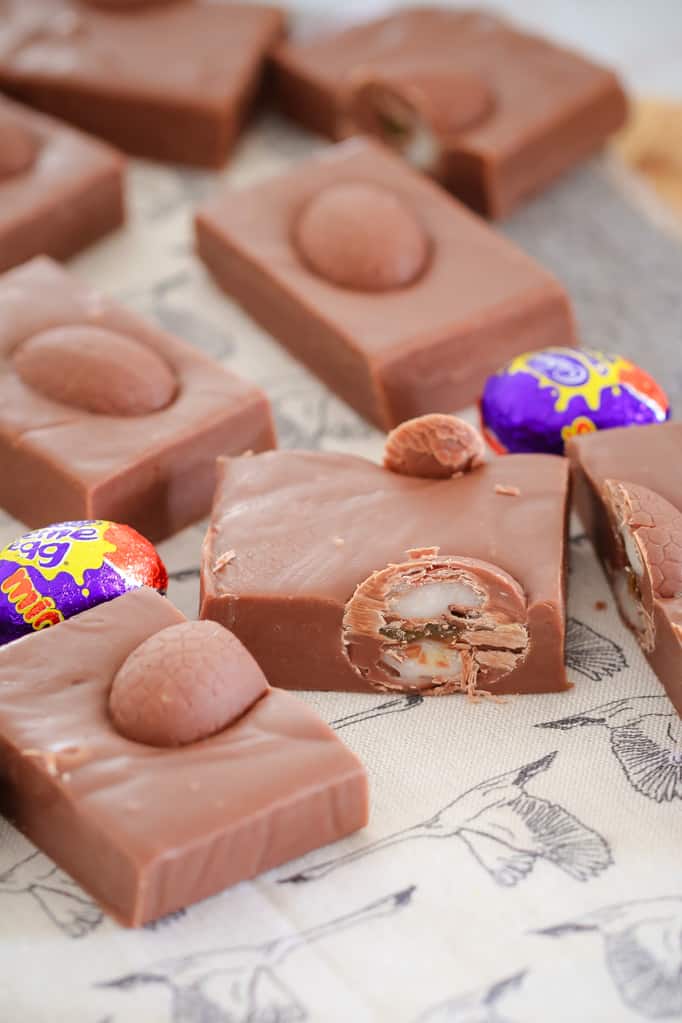 A microwave fudge filled with Creme Eggs, cut into slices. 