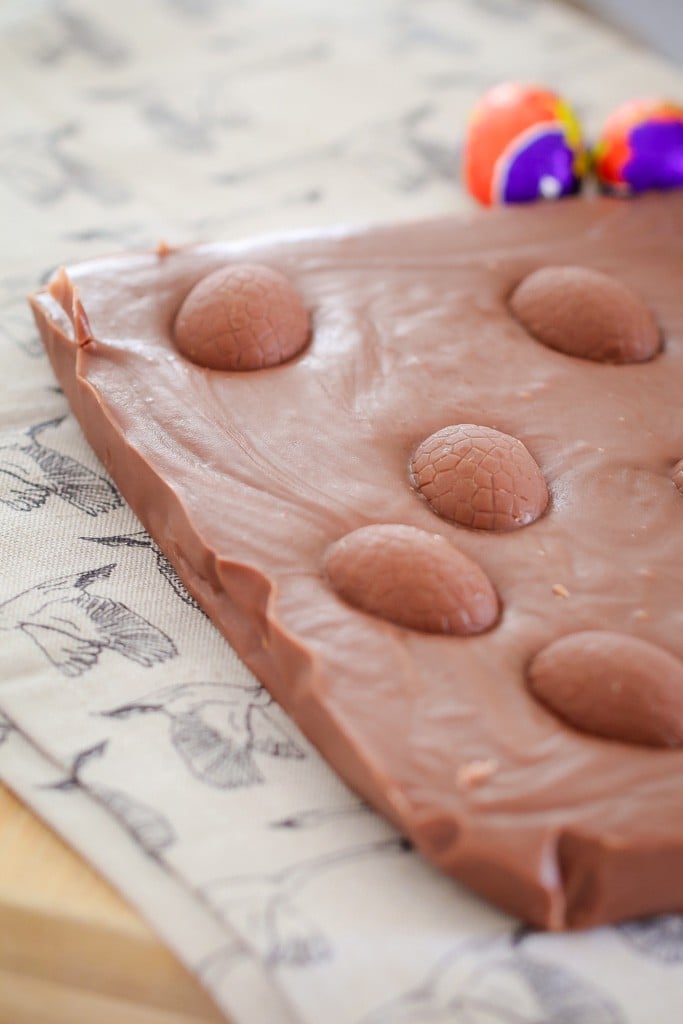A slab of chocolate fudge with Easter eggs pressed into it. 
