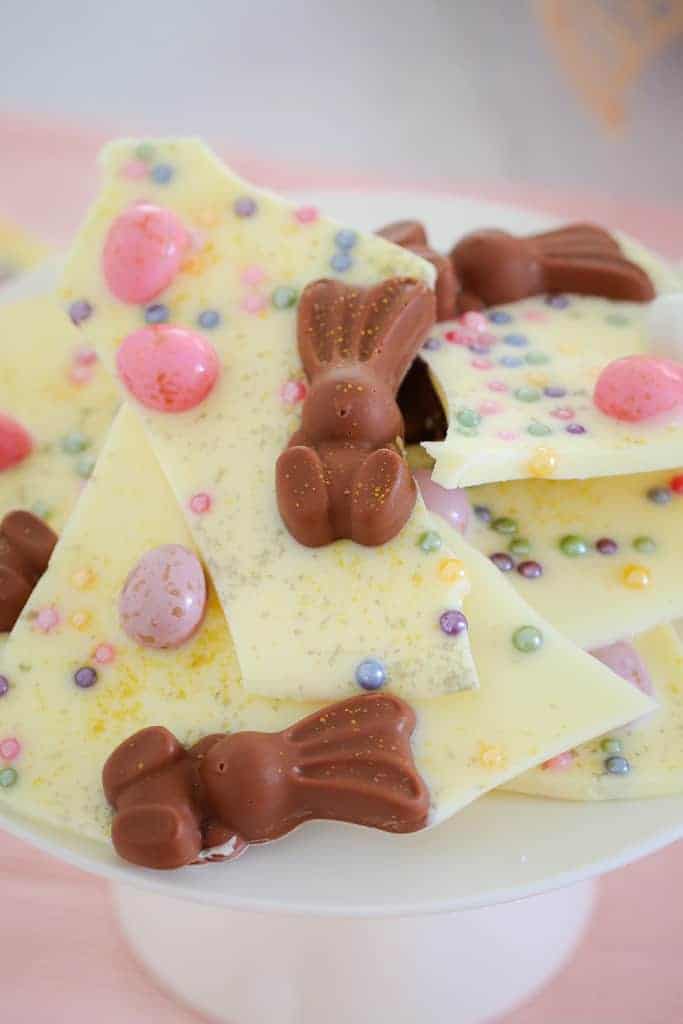 White Chocolate & Malteser Bunny Bark with mini Easter eggs... 5 minutes prep time... 4 ingredients... a totally delicious Easter treat!