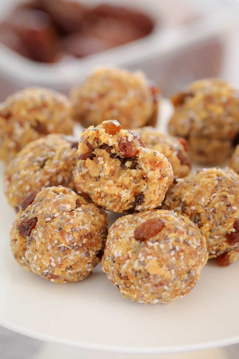 A pile of Weet Bix Bliss Balls filled with sultanas, coconut and chia seeds