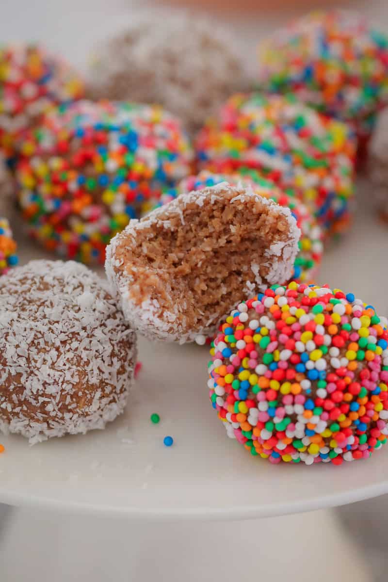A close up of round decorated balls with one split to show texture inside