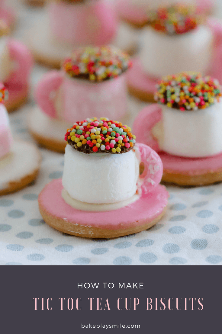Mini Tea Cup biscuits made with a pick iced biscuit, a marshmallows and lollies