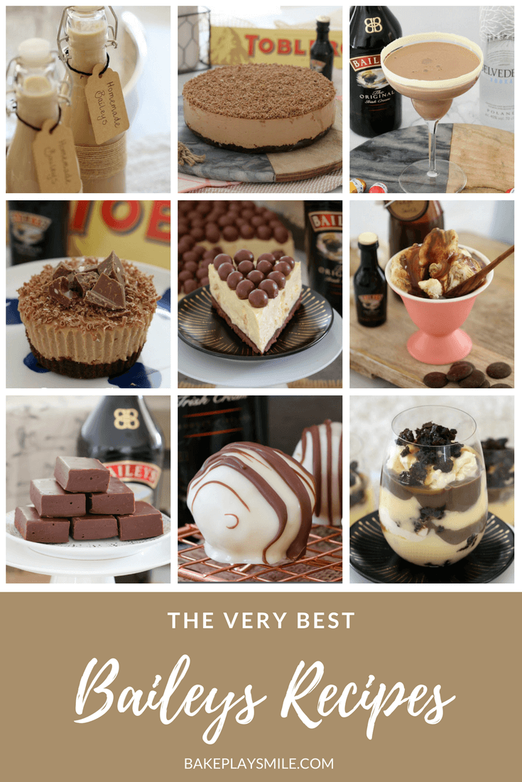 A collage of photos of slices, cheesecakes, desserts and more made using Baileys