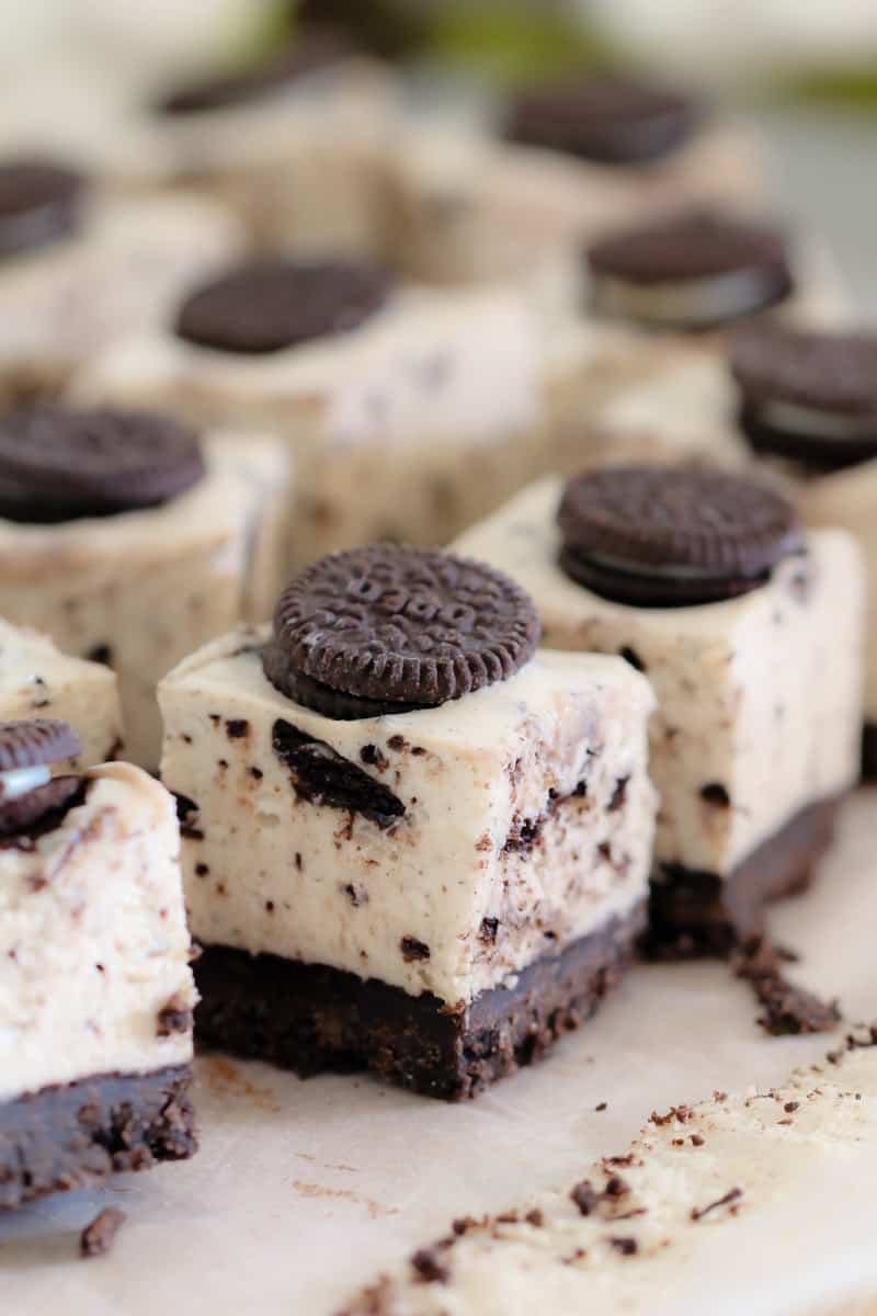 Oreo cheesecake squares lined up