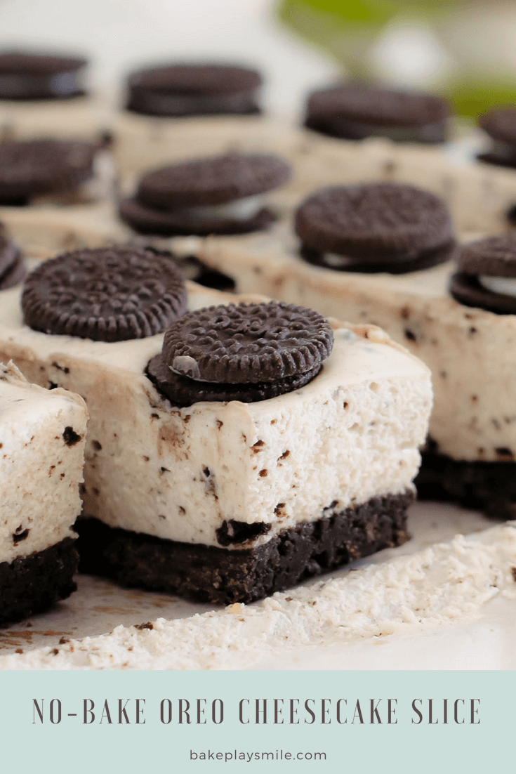 A close up of Oreo Cheesecake Slice squares.
