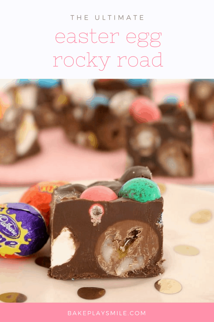 A close up of a square of rocky road made with mini Easter eggs, and Cadbury Creme Eggs nearby