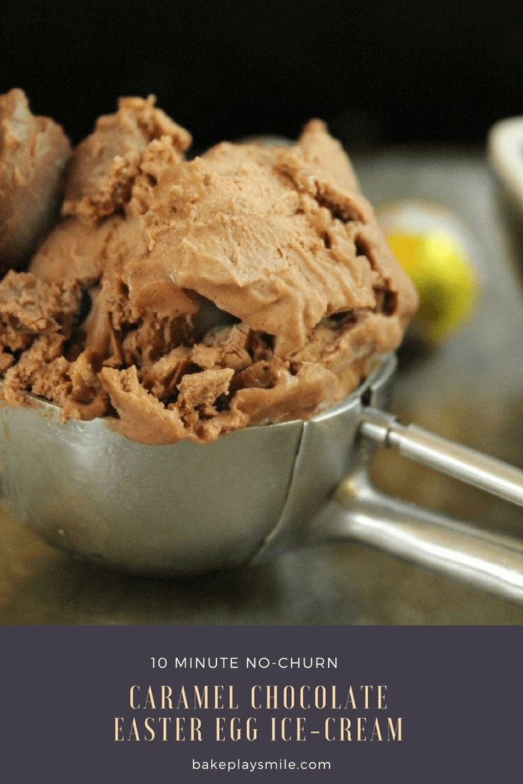 An ice cream scoop filled with chocolate ice cream loaded with caramel Easter eggs