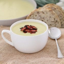A creamy Potato & Leek Soup with crispy bacon that will be on the table in 30 minutes... the perfect winter soup recipe (both conventional and Thermomix recipe instructions are included below).