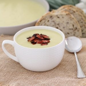 A creamy Potato & Leek Soup with crispy bacon that will be on the table in 30 minutes... the perfect winter soup recipe (both conventional and Thermomix recipe instructions are included below).
