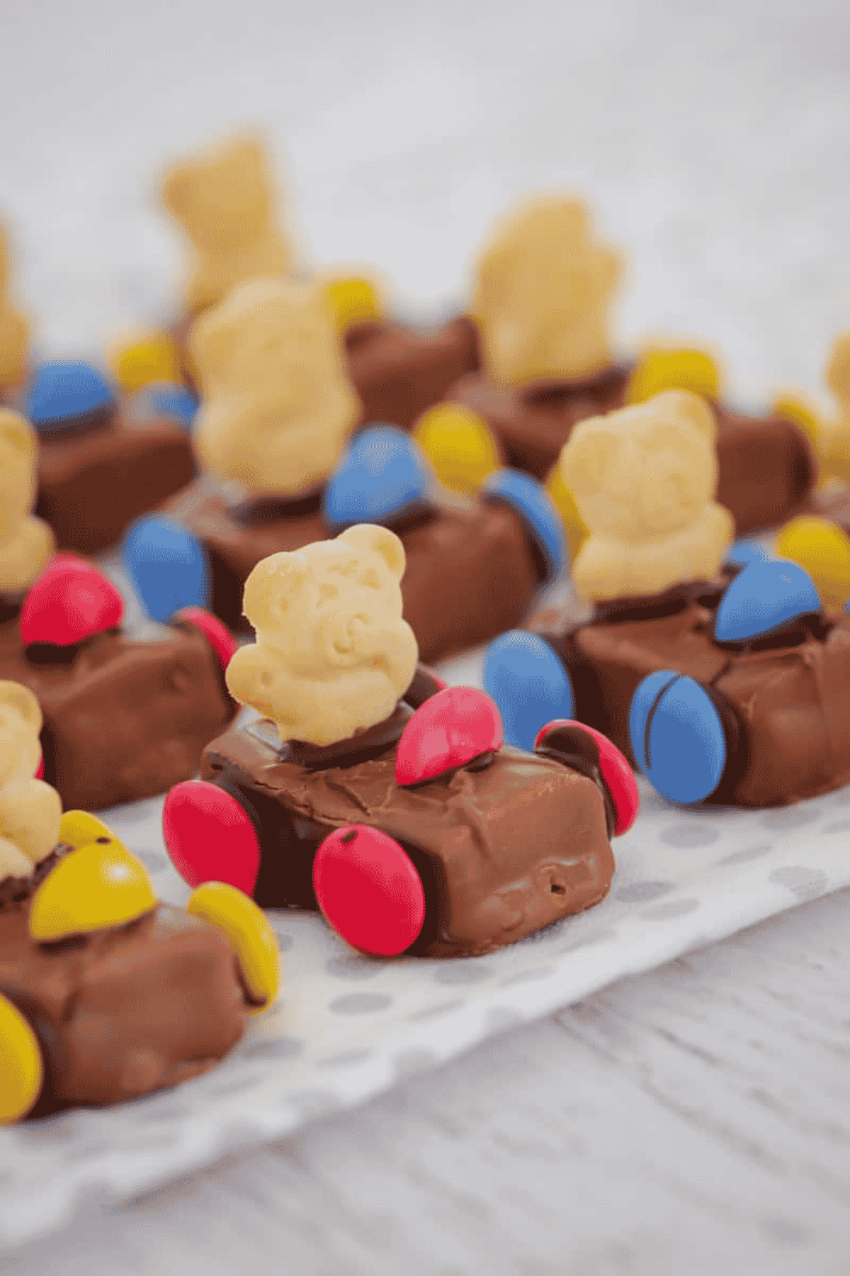 Chocolates and biscuits made to look like racing cars.