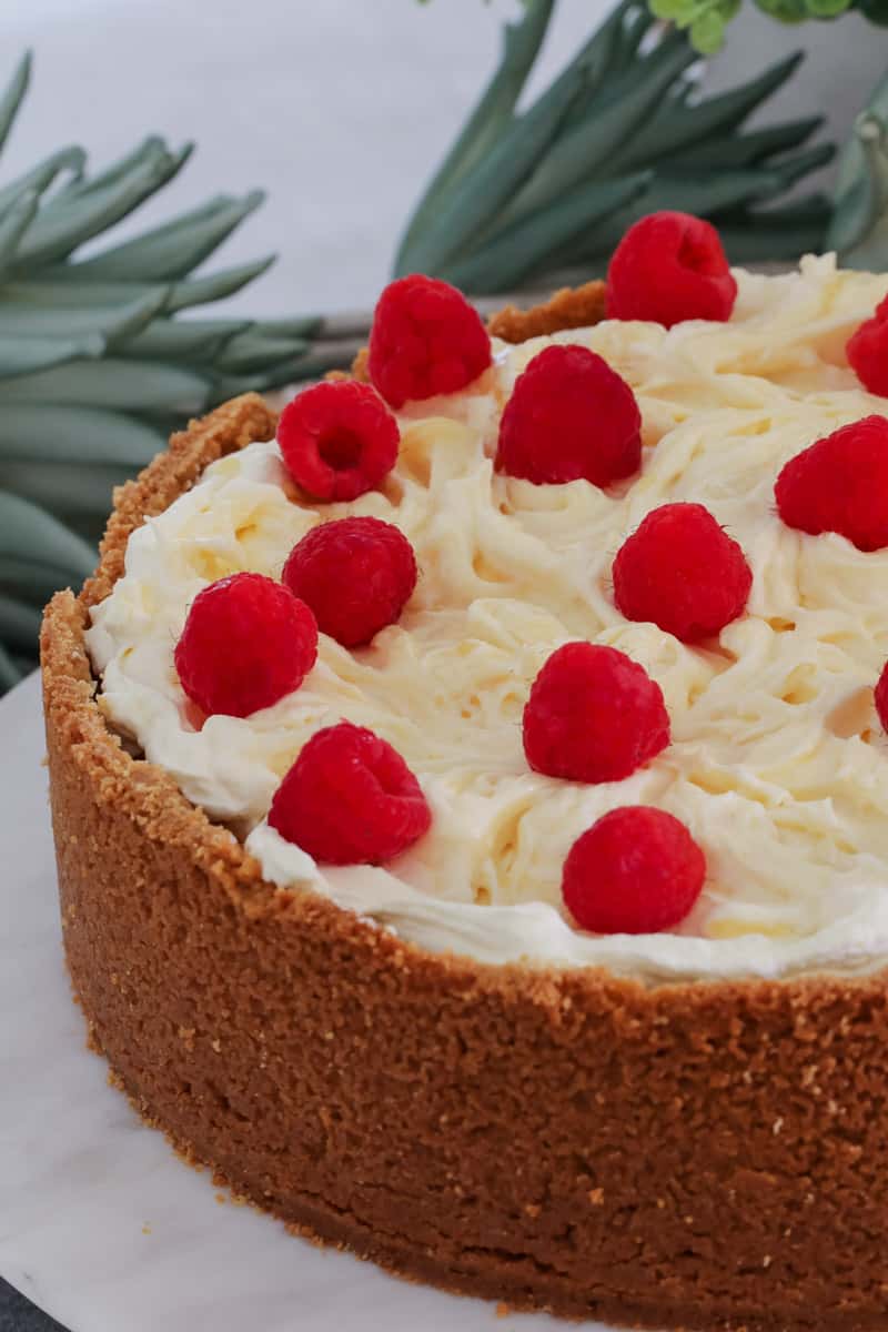 A close up of a cheesecake decorated with whipped cream and fresh raspberries
